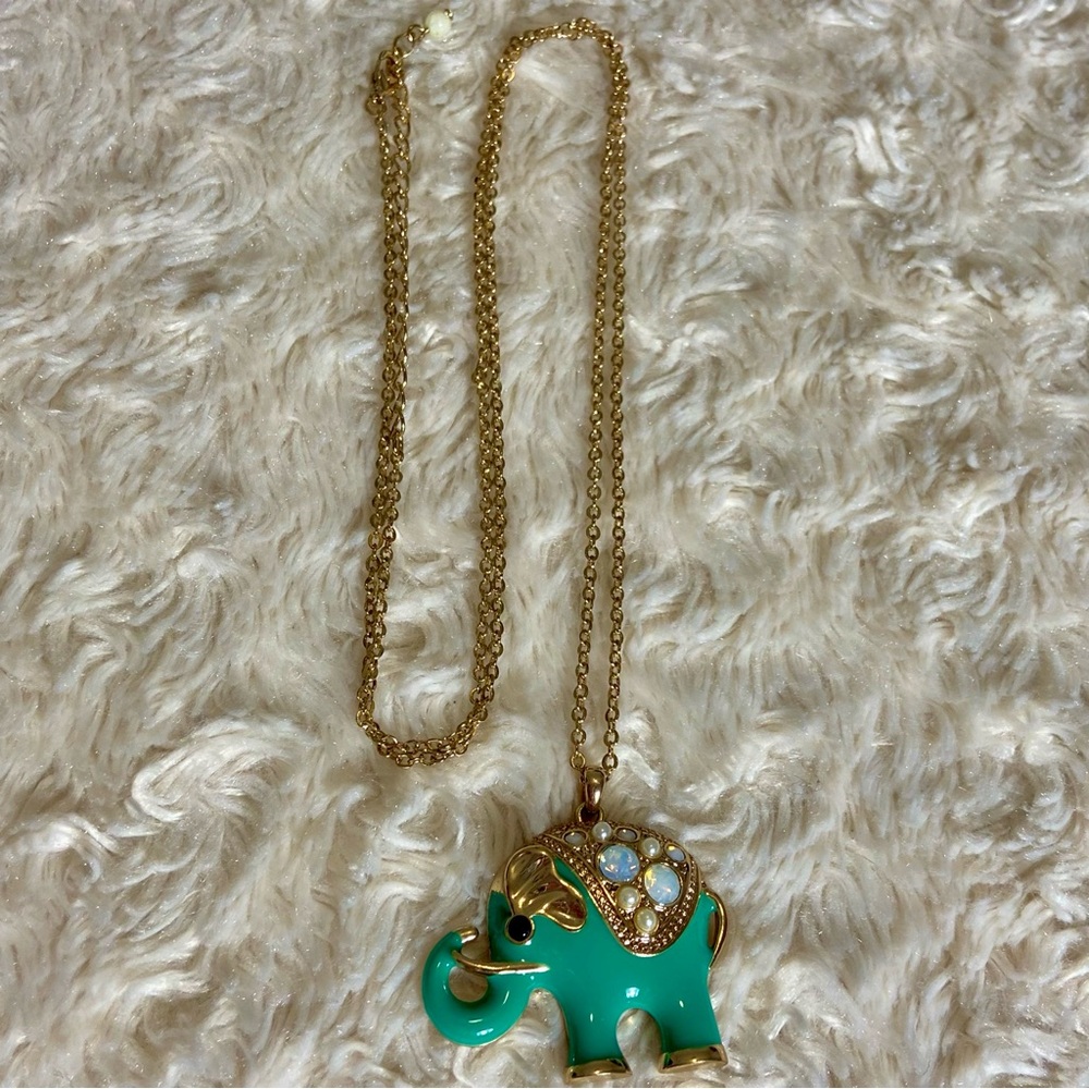 Embellished Elephant Pendant Gold Teal Green Long Chain Necklace